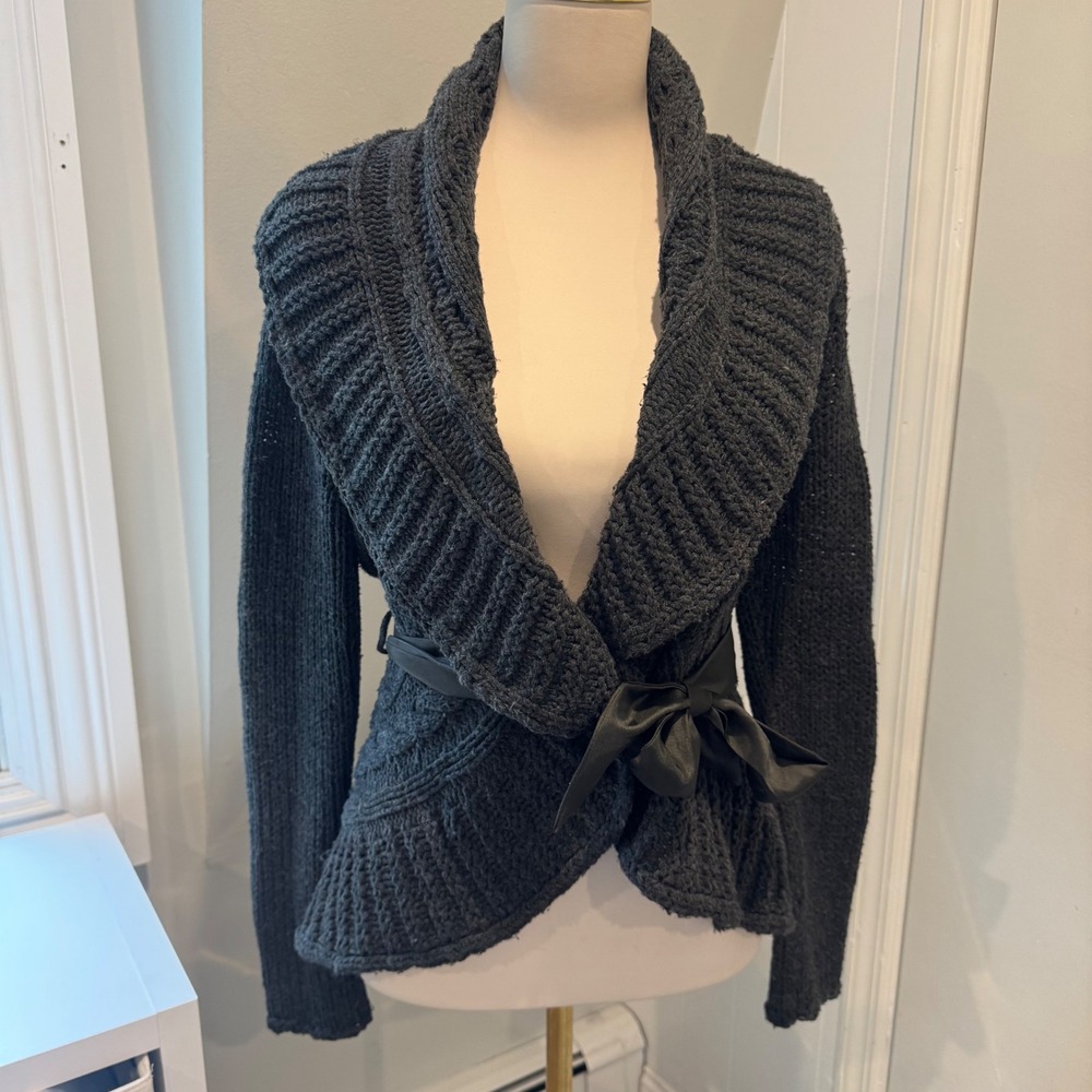 New York & Company Gray Shawl Collar Wrap Cardigan Sweater Tie Waist | XS